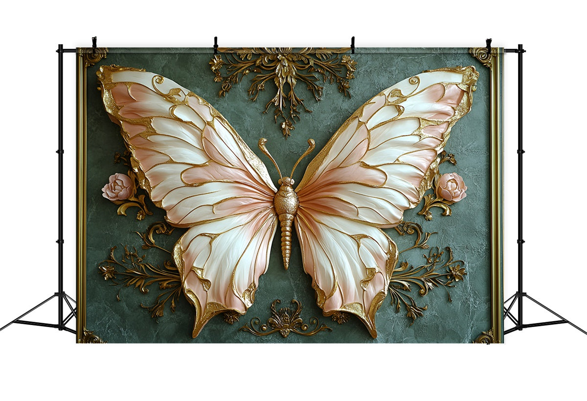 Weinlesegrüner Wandhintergrund Luxuriöser Schmetterling Goldakzente Hintergrund CSH2-237