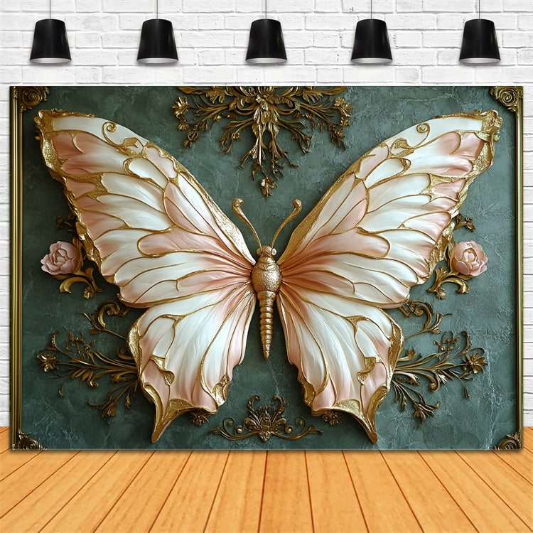 Weinlesegrüner Wandhintergrund Luxuriöser Schmetterling Goldakzente Hintergrund CSH2-237