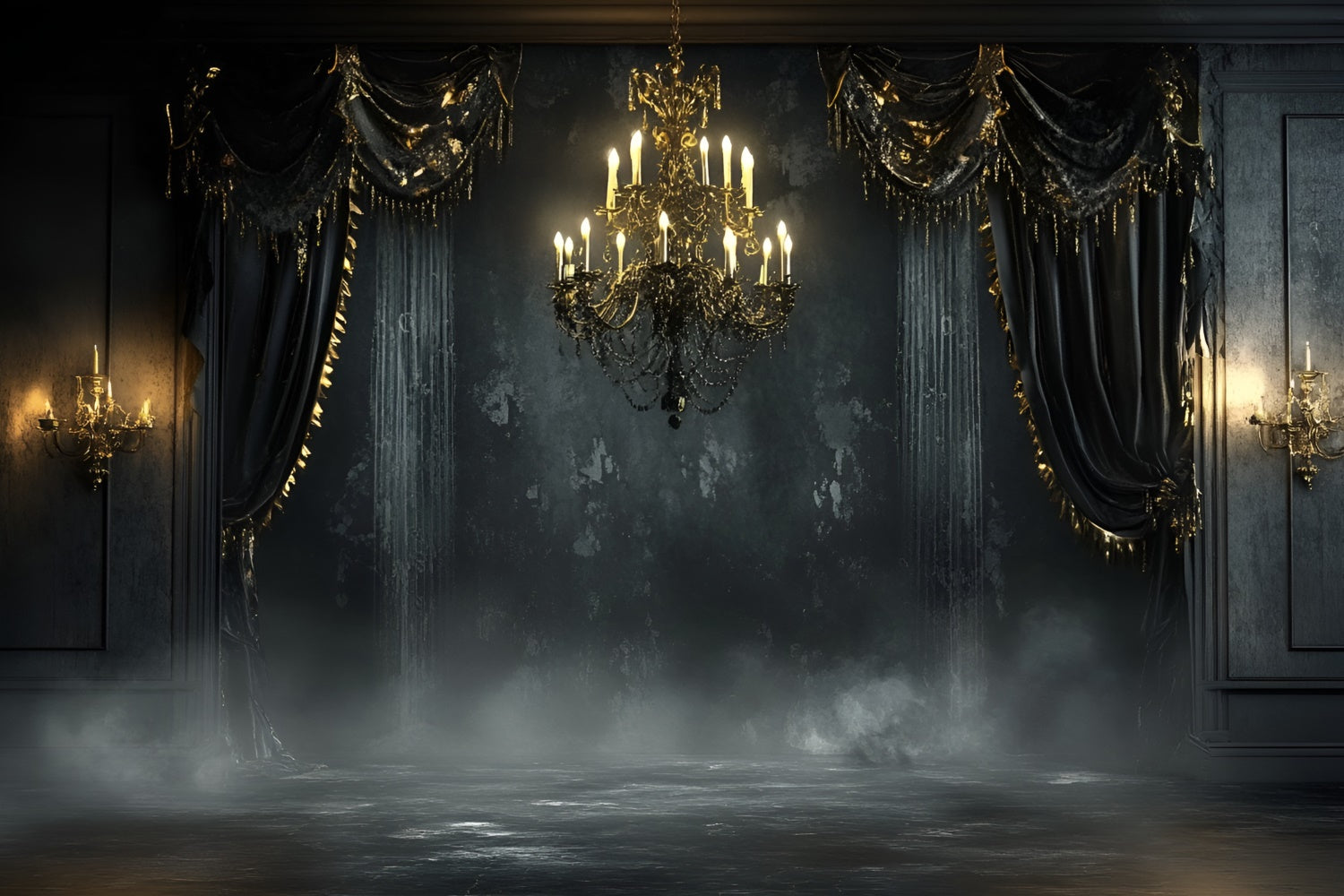 Schwarze Wand Backdrop Gothic Schwarzer Kronleuchter Ballsaal Backdrop CSH2-256