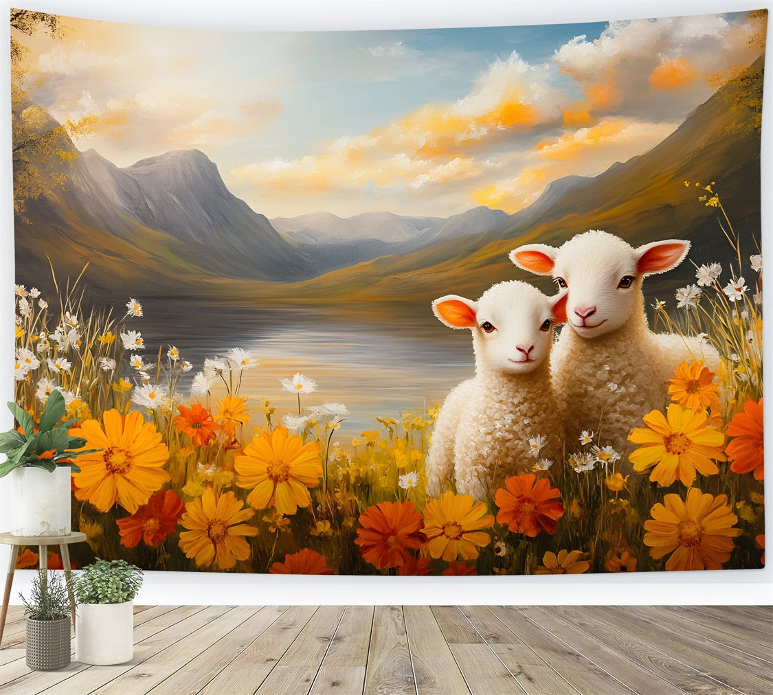 Ostern Fotohintergründe Adorable Lämmer Bergblick Hintergrund CSH2-31
