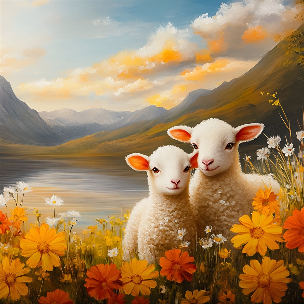 Ostern Fotohintergründe Adorable Lämmer Bergblick Hintergrund CSH2-31