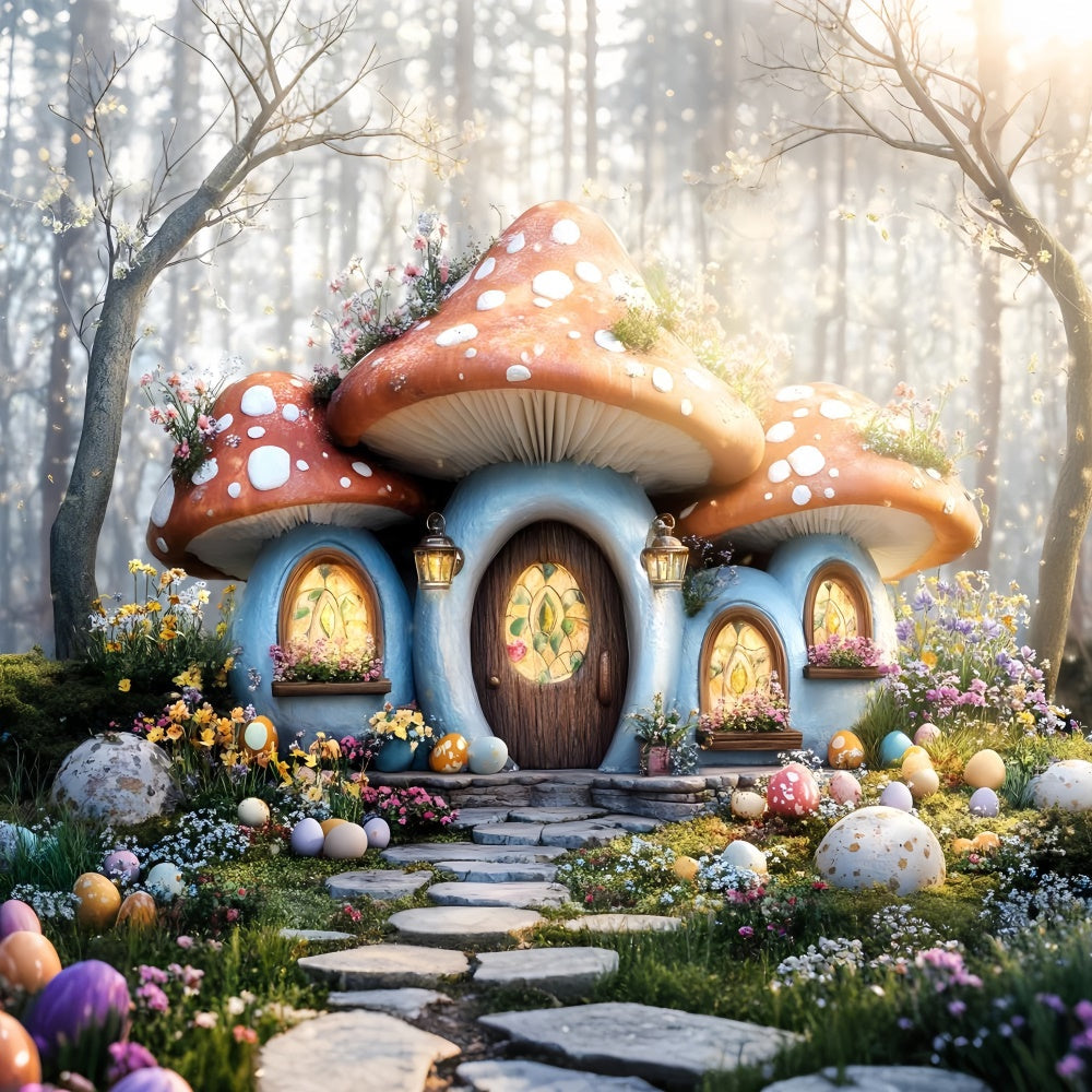 Backdrop Ostern Gemütliches Pilzhaus Ei Garten Backdrop CSH2-37