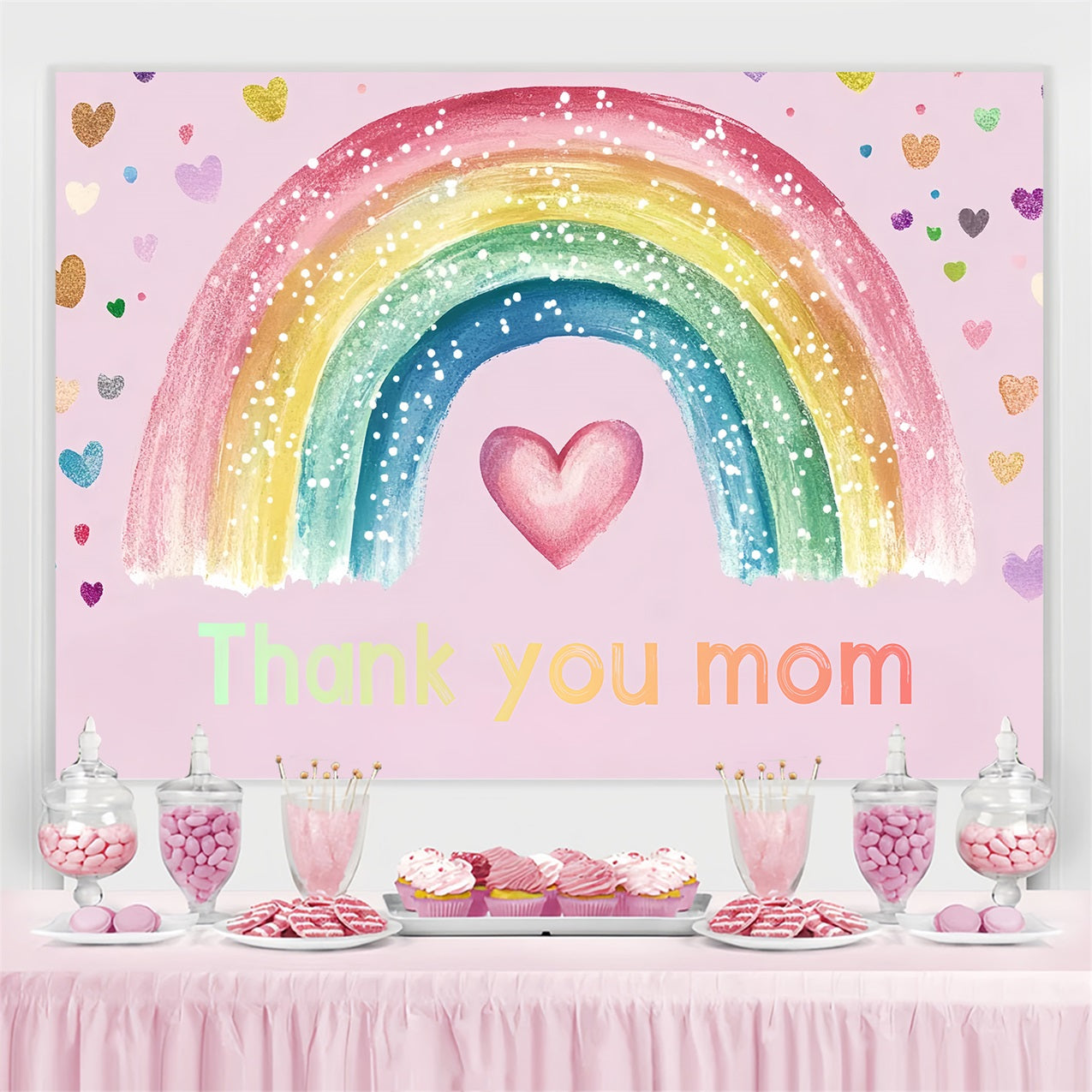 Backdrops für Muttertag Bunte Herzen Regenbogen Personalisierter Backdrop CSH3-170