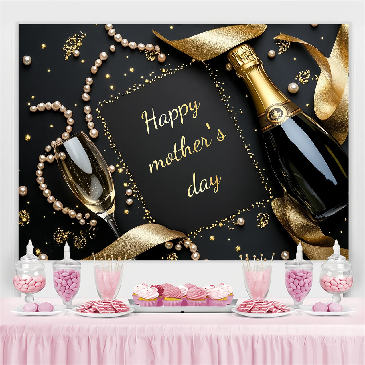 Backdrops für Muttertag Gold Champagner Perlen Personalisierte Backdrops CSH3-174