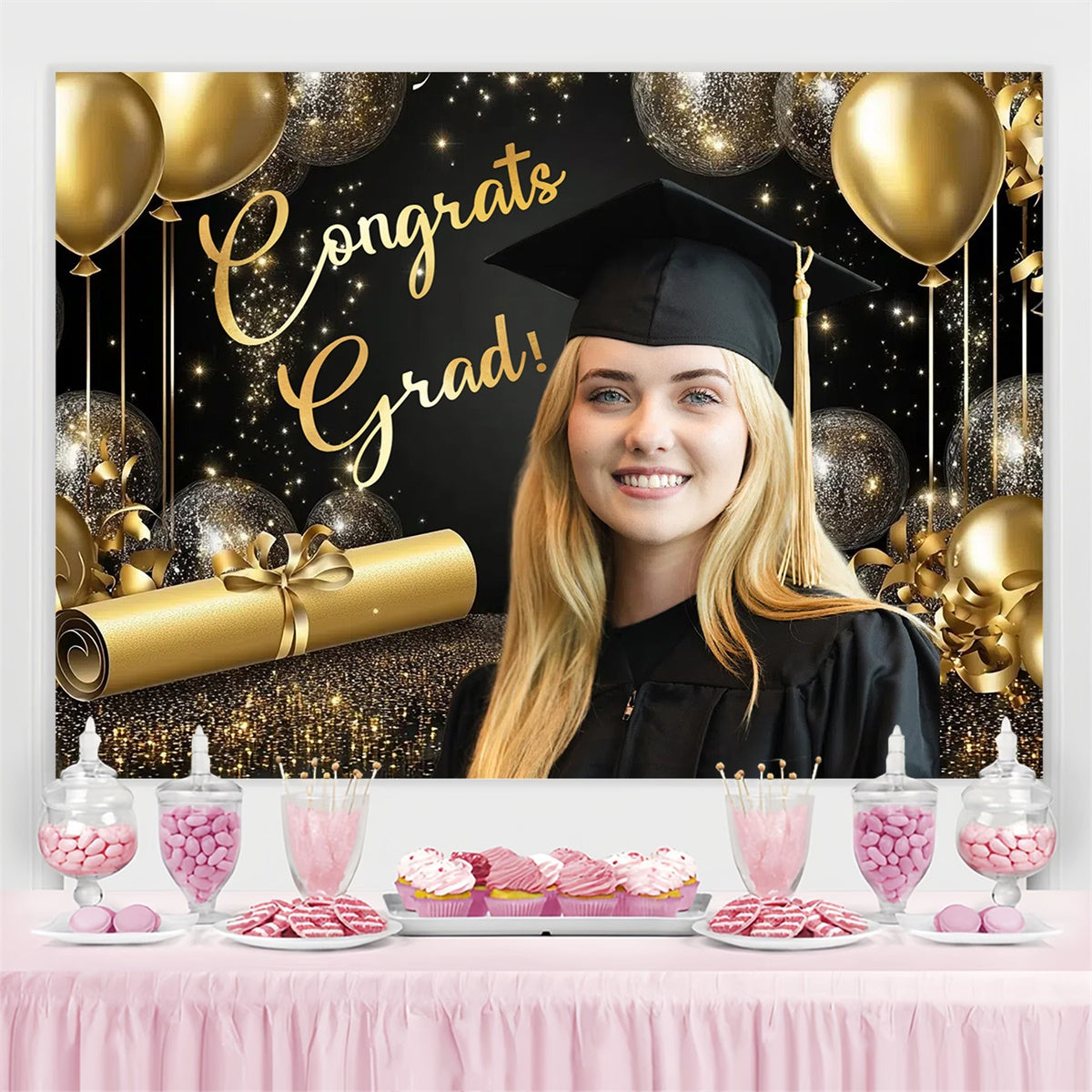 Benutzerdefinierte Graduierung Fotohintergrund Gold Thema Graduierung Party Hintergrund CSH3-269