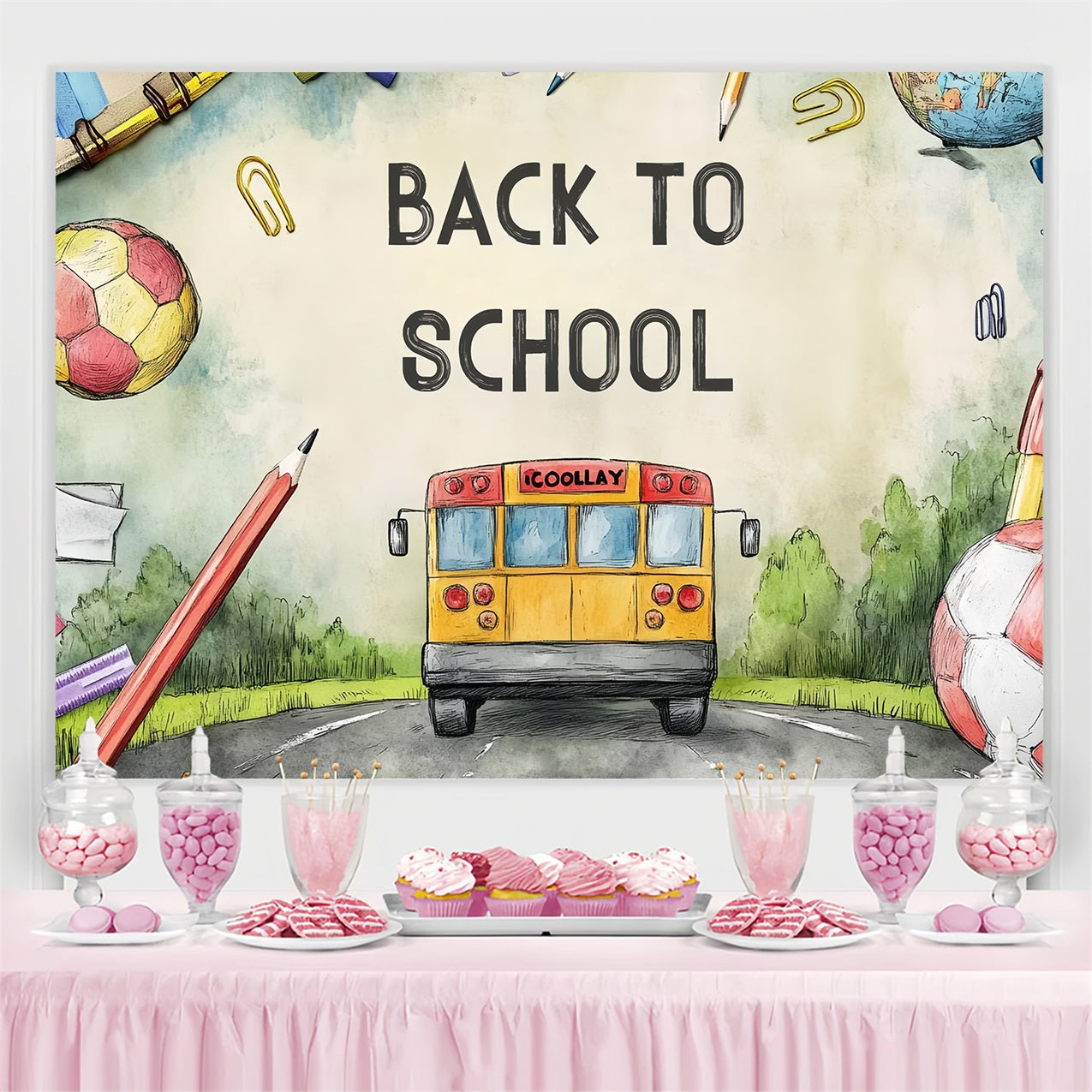 Back To School Backdrop Ideen Aquarell Schulbus Straße Backdrop CSH3-63
