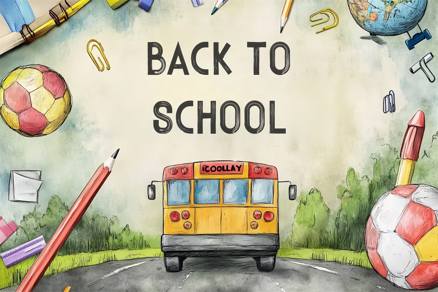 Back To School Backdrop Ideen Aquarell Schulbus Straße Backdrop CSH3-63