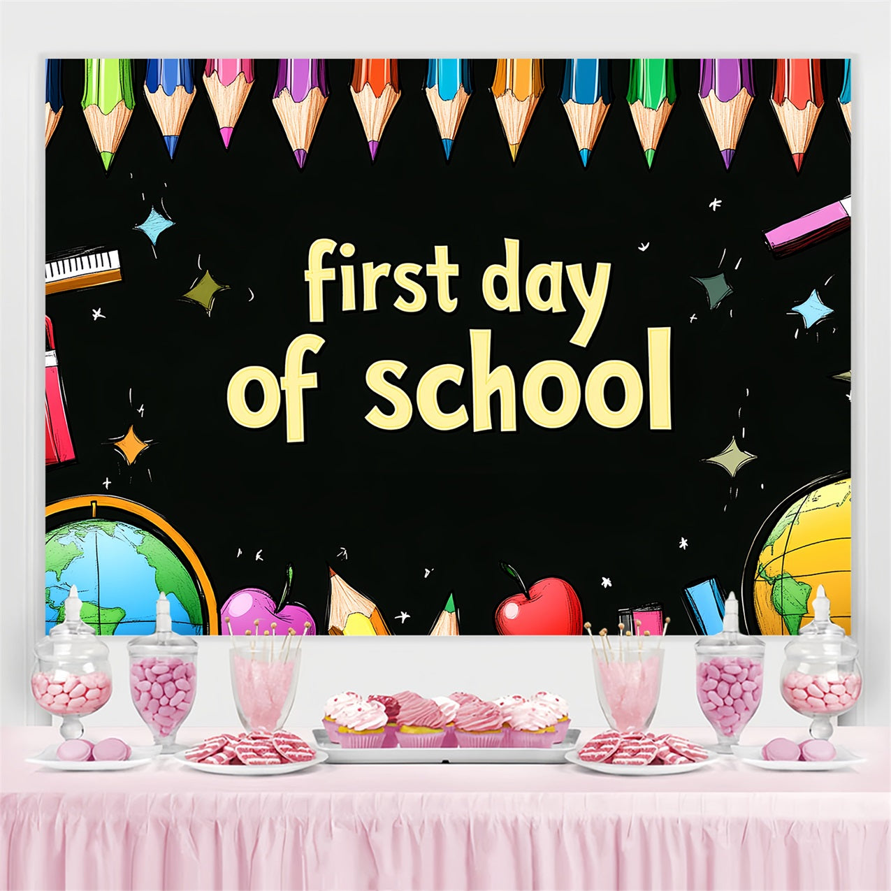 Backdrop Back To School Bunte Bleistifte Kreidetafel Kunst Backdrop CSH3-64