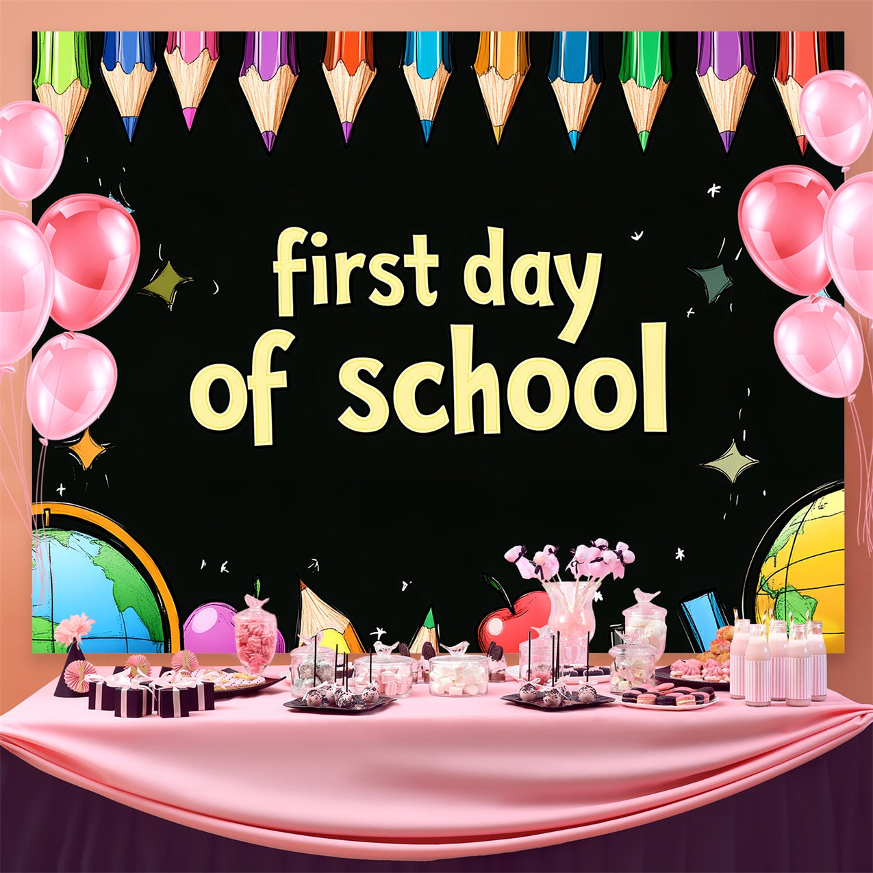 Backdrop Back To School Bunte Bleistifte Kreidetafel Kunst Backdrop CSH3-64