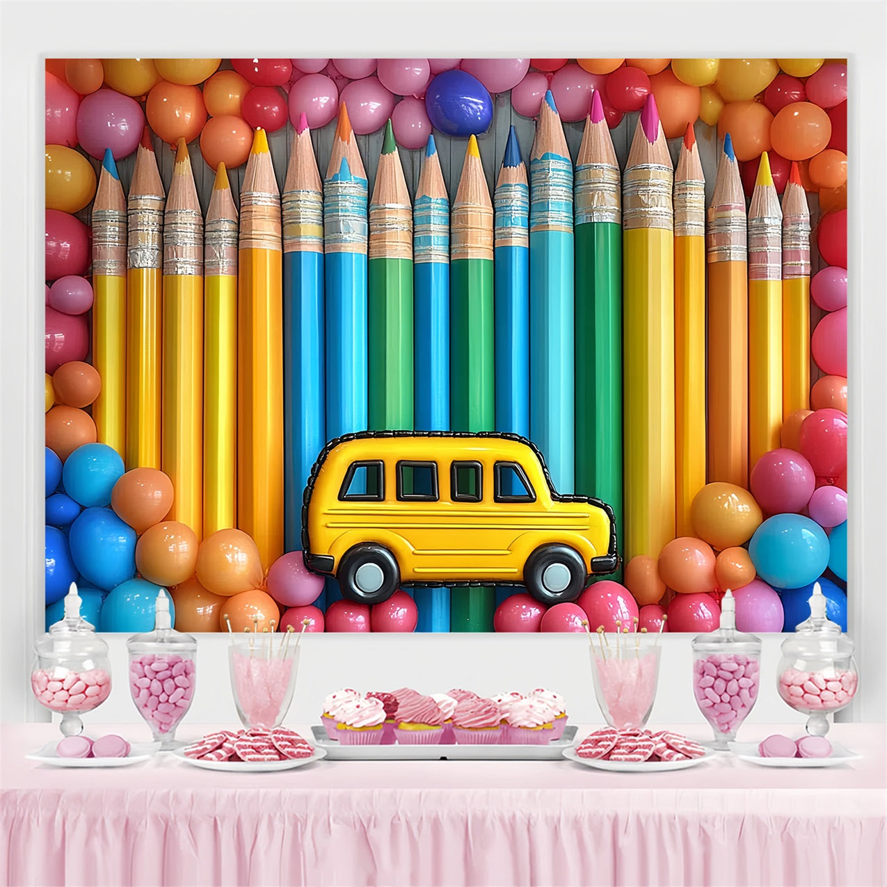 Back To School Backdrop Regenbogen Bleistifte Ballon Feier Hintergrund CSH3-65