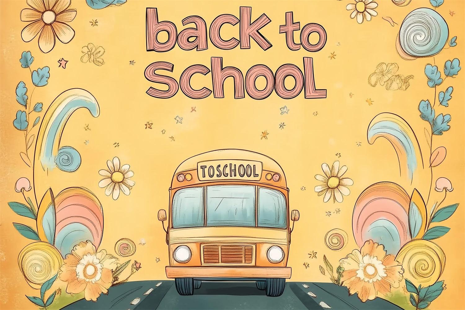 Back To School Backdrops Handgezeichnete Floral Schulbus Backdrop CSH3-67