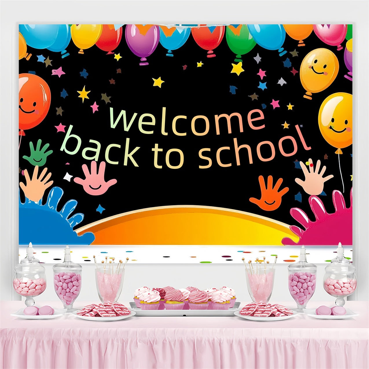 Back To School Backdrop Verspielte Handabdrücke Bunte Luftballon Backdrop CSH3-84