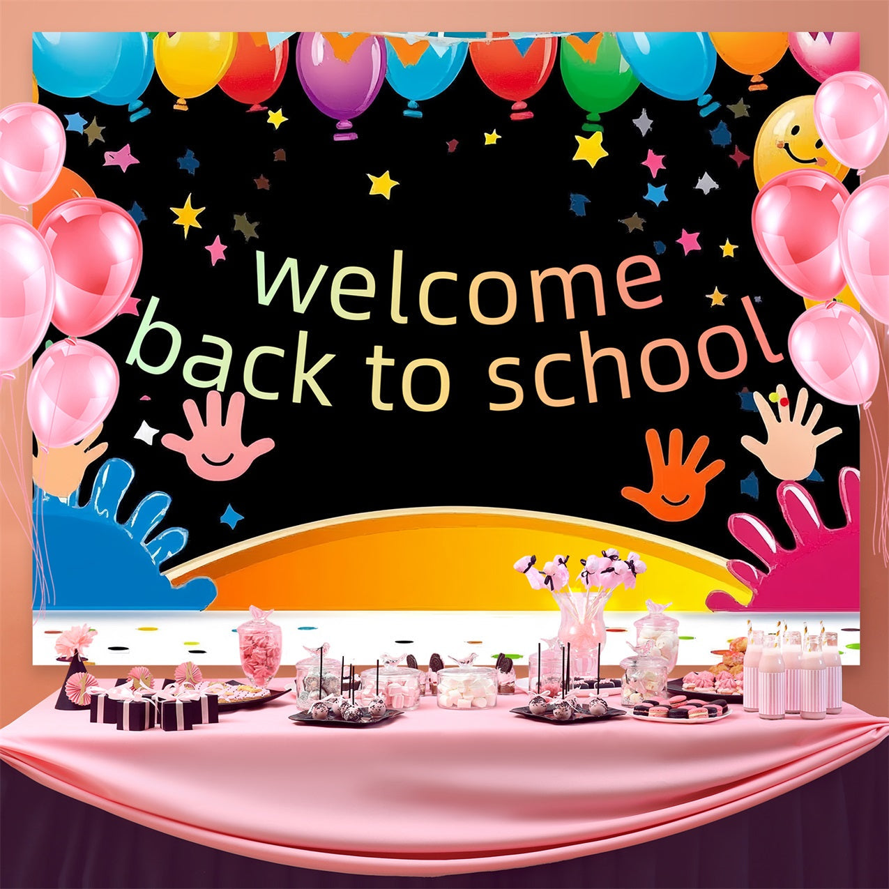 Back To School Backdrop Verspielte Handabdrücke Bunte Luftballon Backdrop CSH3-84