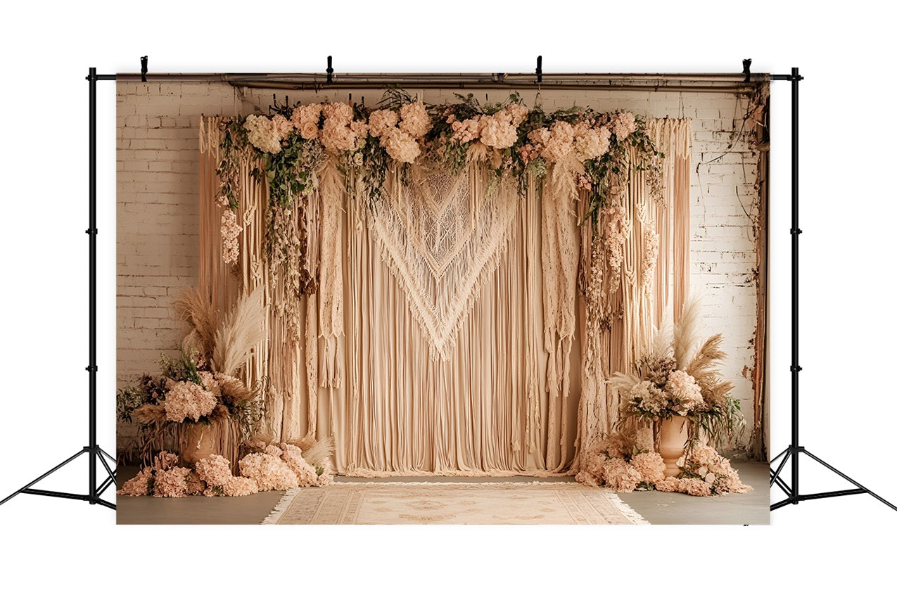 Boho Hintergrund Makramee Drapierung Blush Blumen Hintergrund CSH4-132