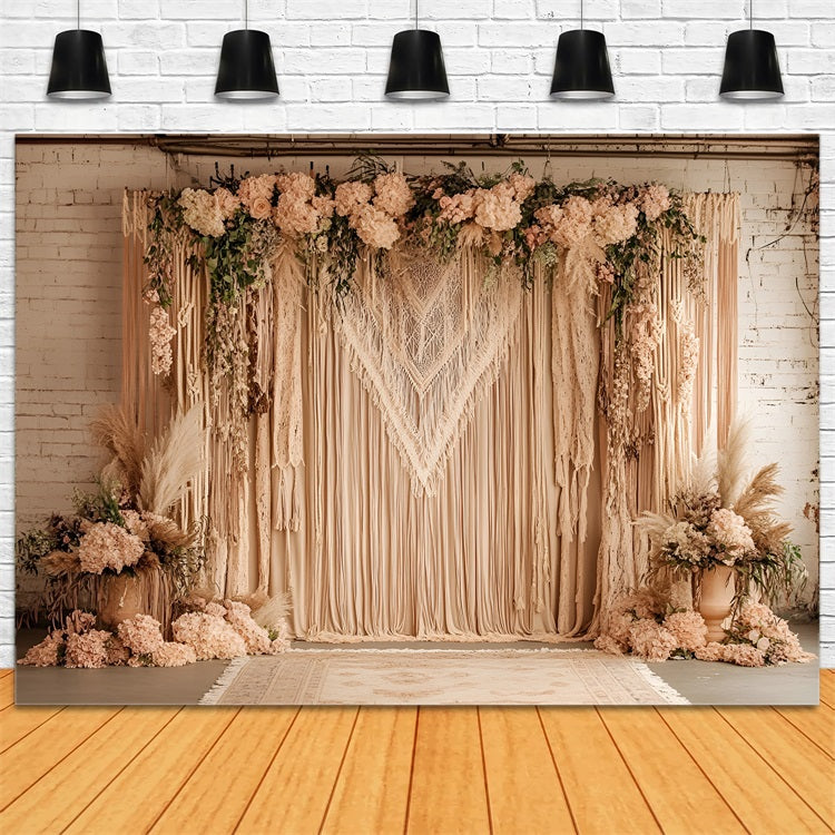 Boho Hintergrund Makramee Drapierung Blush Blumen Hintergrund CSH4-132