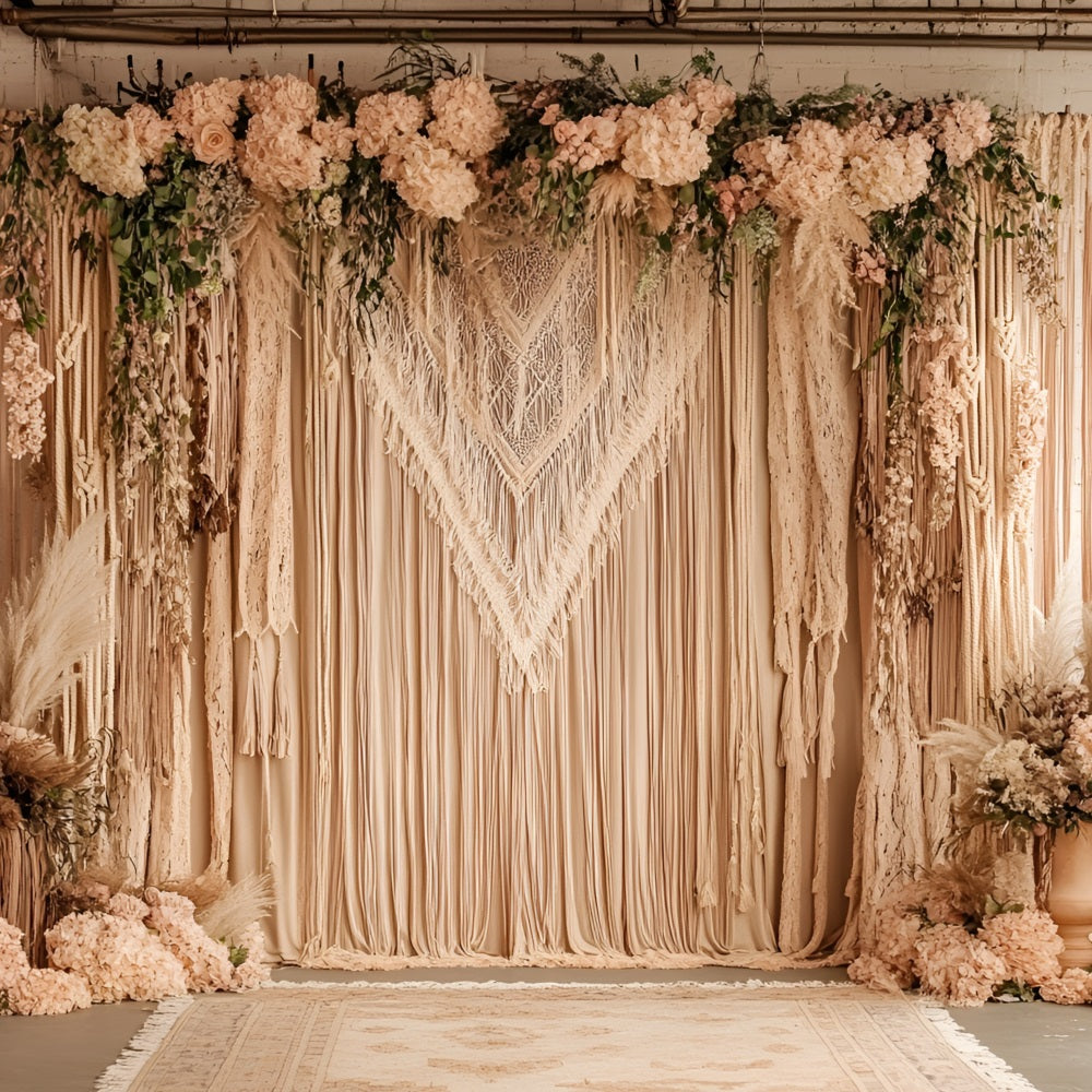 Boho Hintergrund Makramee Drapierung Blush Blumen Hintergrund CSH4-132
