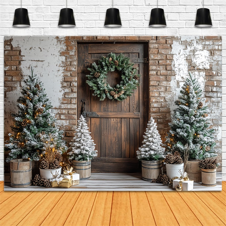 Scheune Backdrops Weihnachten Backstein Kiefer Kranz Backdrop CSH4-221