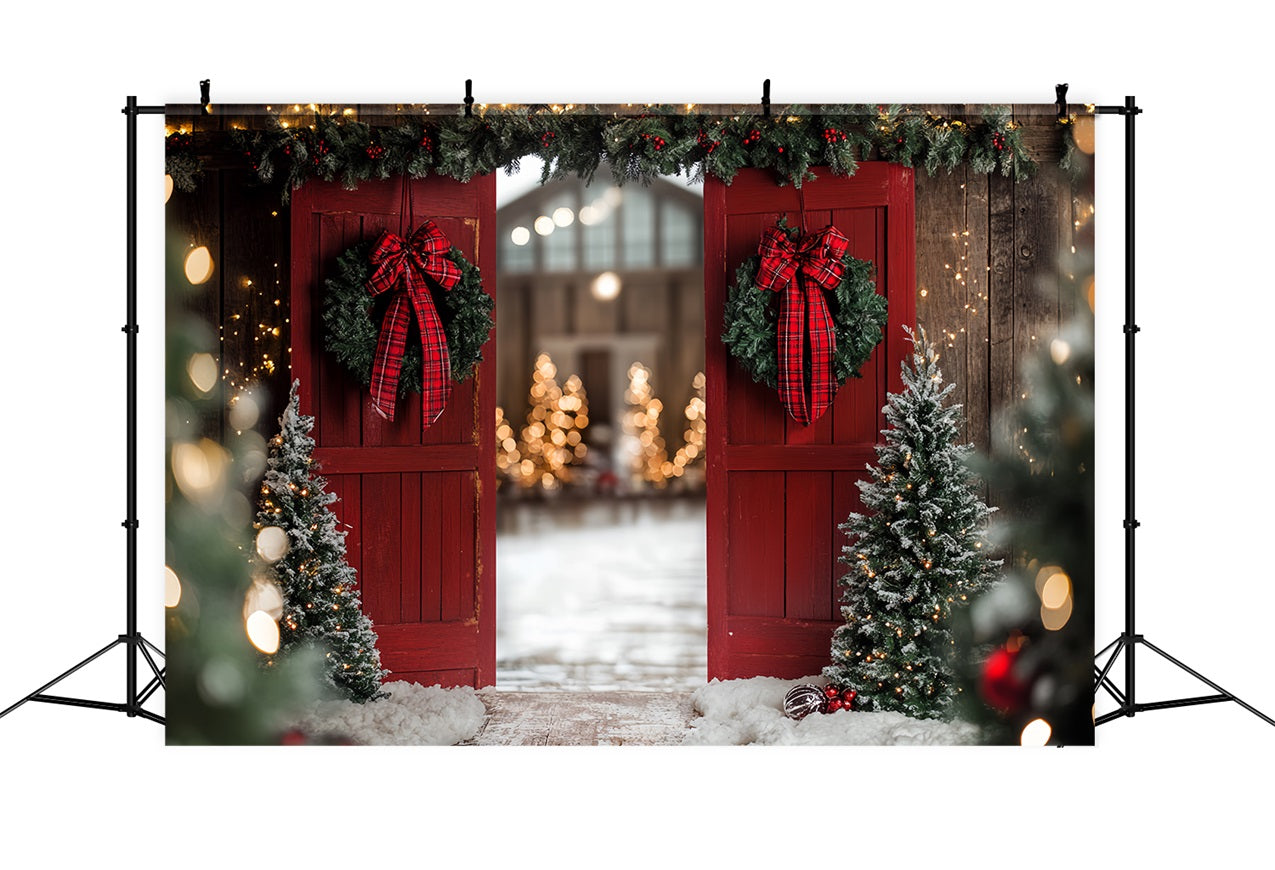 Rote Scheune Backdrop Weihnachten Eingang Bow Wreath Backdrop CSH4-223