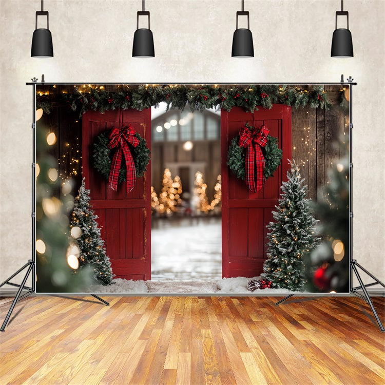 Rote Scheune Backdrop Weihnachten Eingang Bow Wreath Backdrop CSH4-223