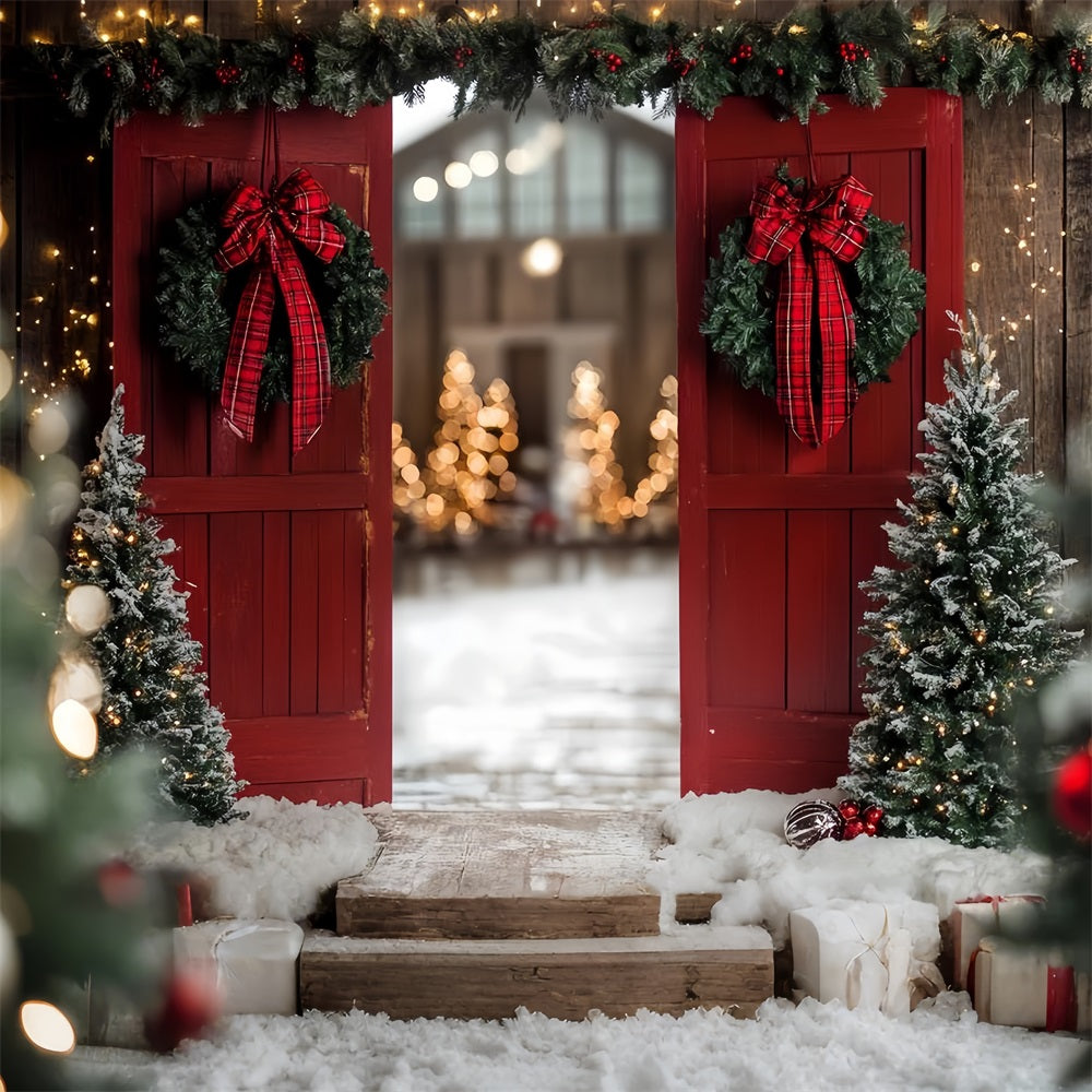 Rote Scheune Backdrop Weihnachten Eingang Bow Wreath Backdrop CSH4-223