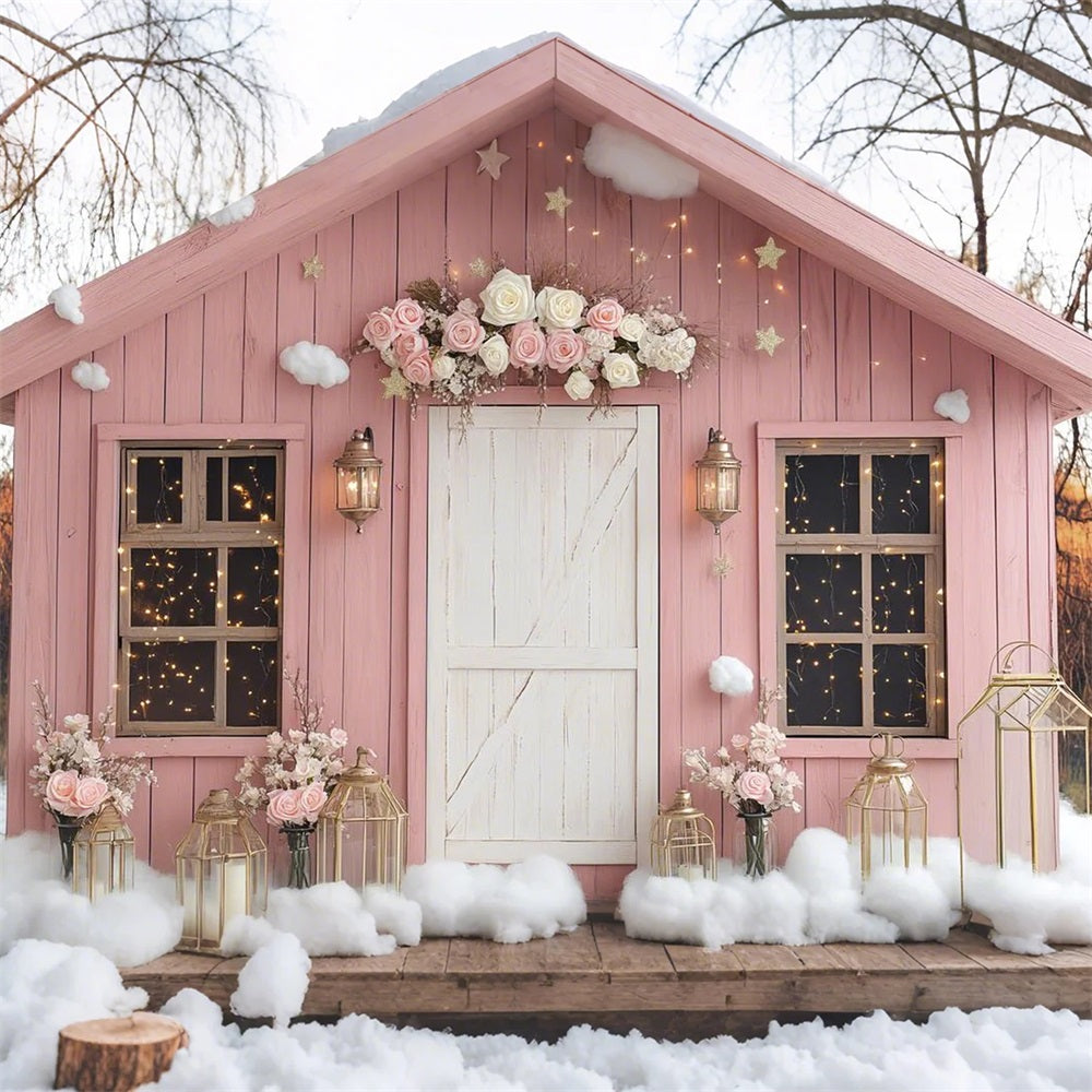 Rosa Scheune Backdrop Haus Schnee Blumen Backdrop CSH4-226