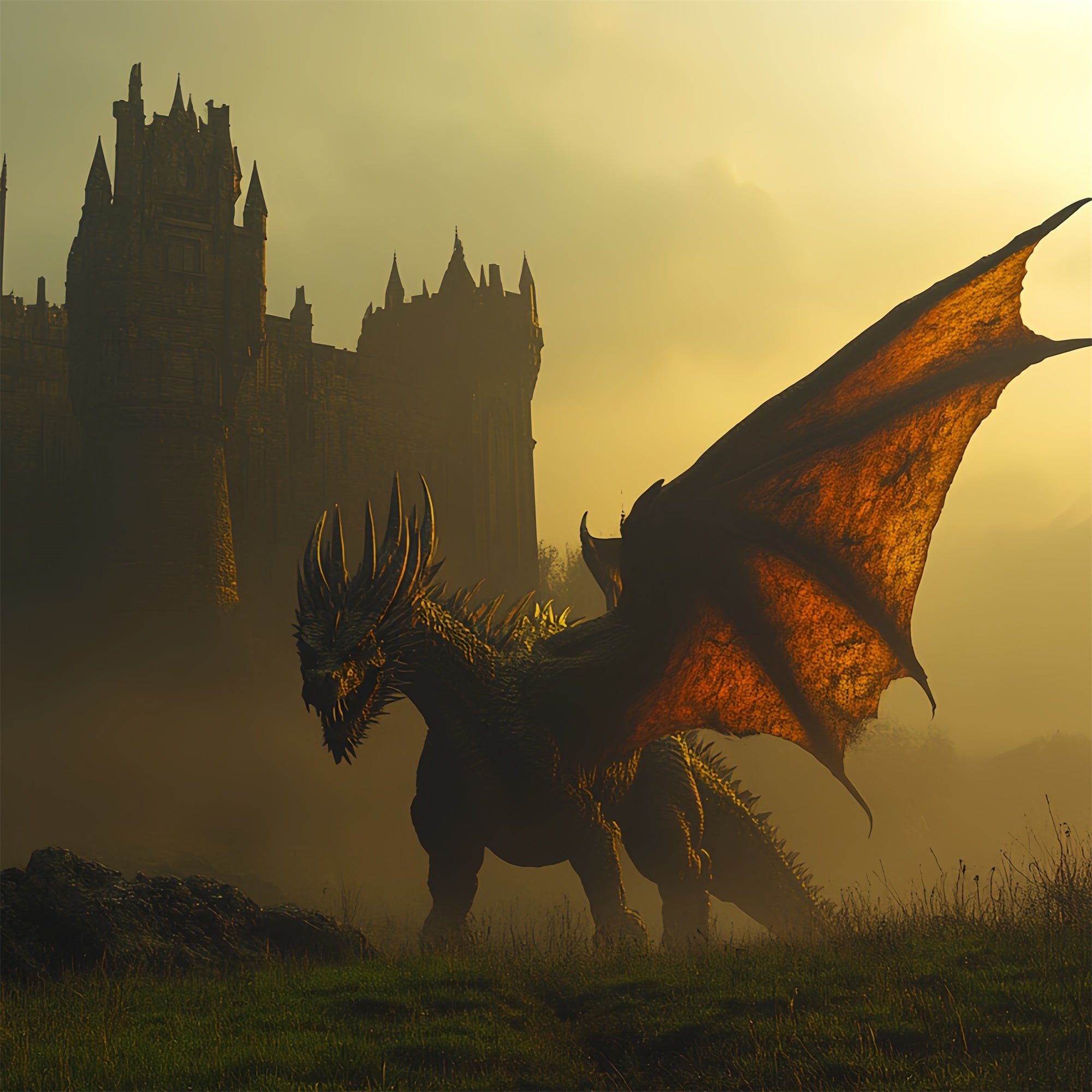 Schloss Fotohintergrund Fliegender Drache Kampf Hintergrund CSH4-340
