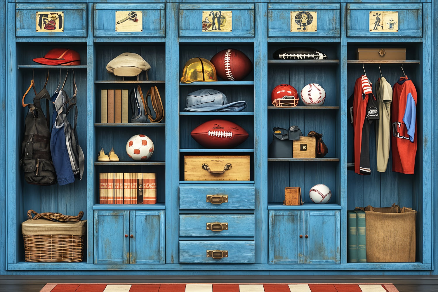 Sport-Themen-Hintergrundkulisse Vintage Blau Sportgeräte Hintergrund CSH4-365