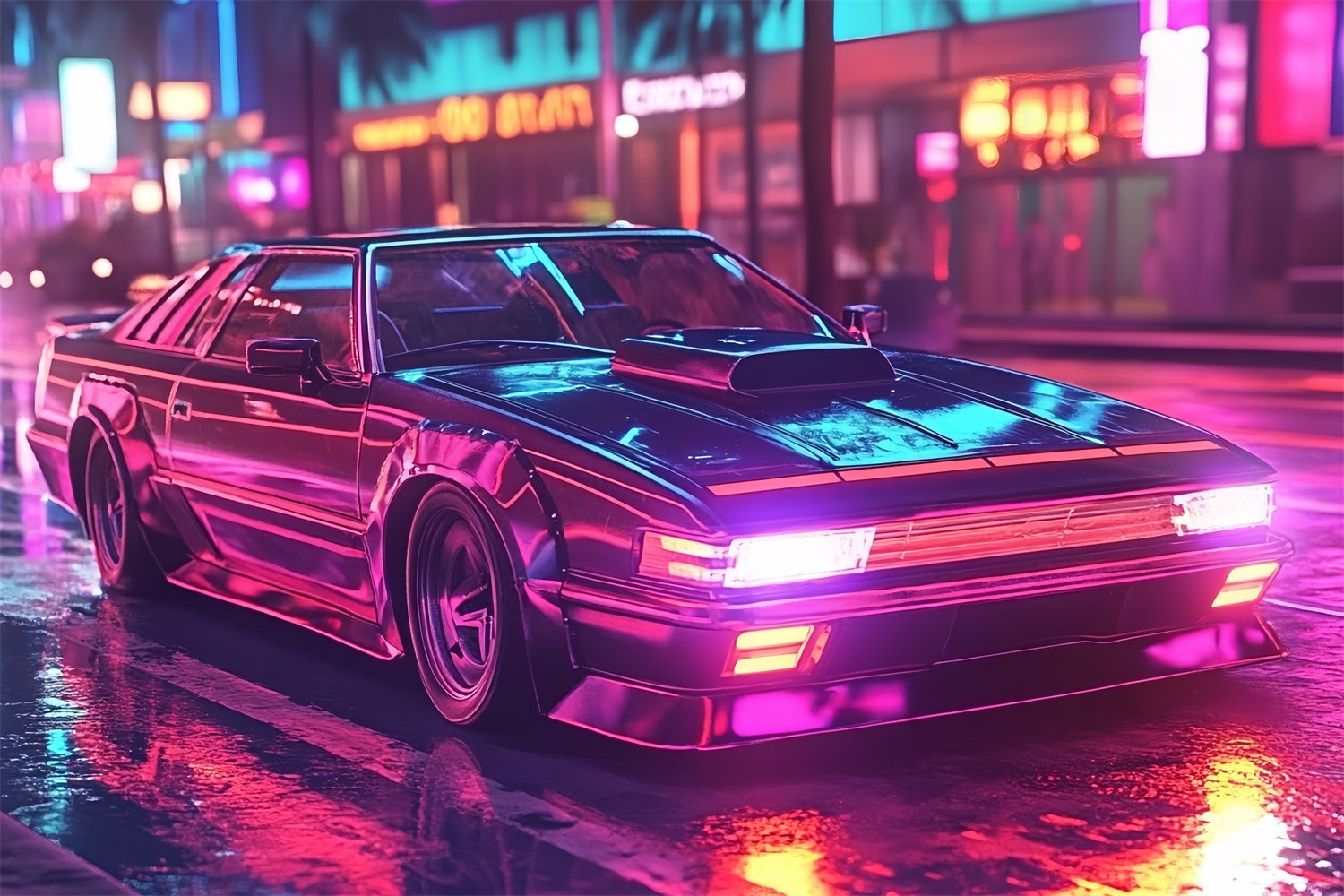 80er Jahre Fotokulisse Straße Lichter Auto Vintage Hintergrund CSH5-190