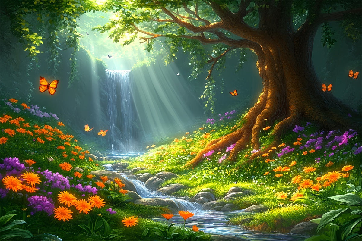 Sommer-Fotohintergrund Sonniger Wasserfall Wiese Hintergrund CSH5-90