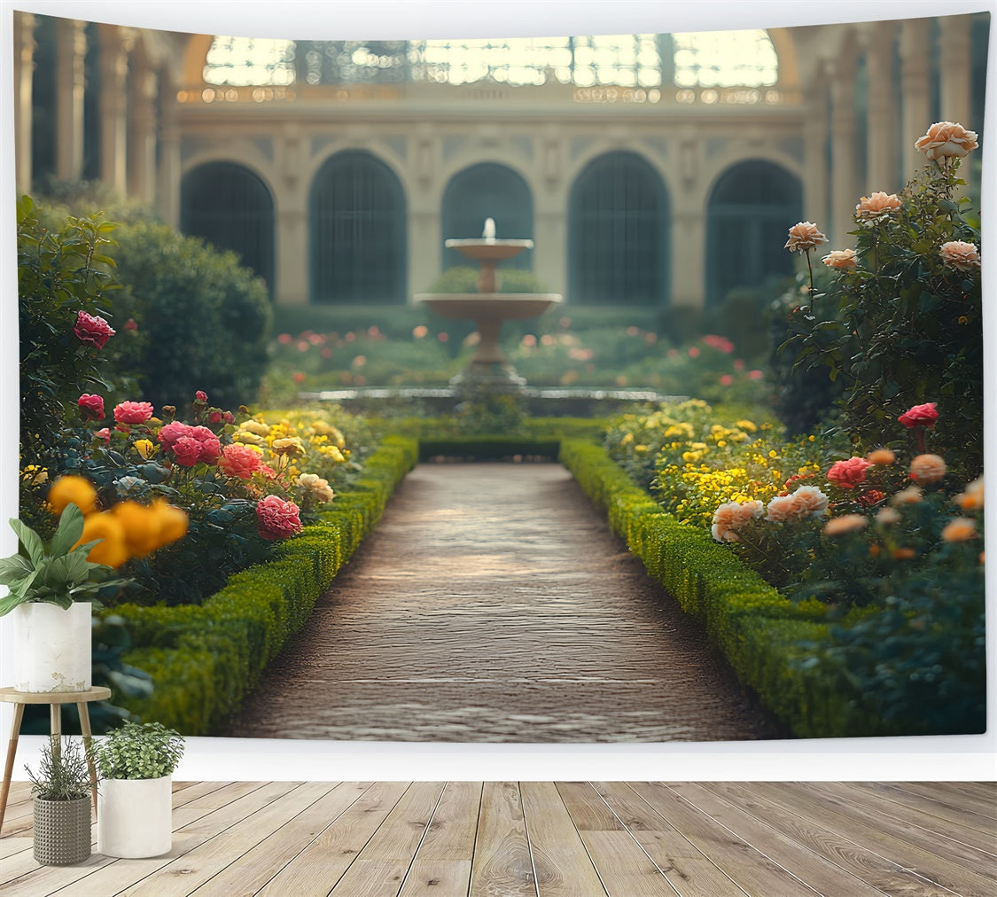 Vintage Fotokulissen Brunnen Blüte Garten Hintergrund CSH57-119