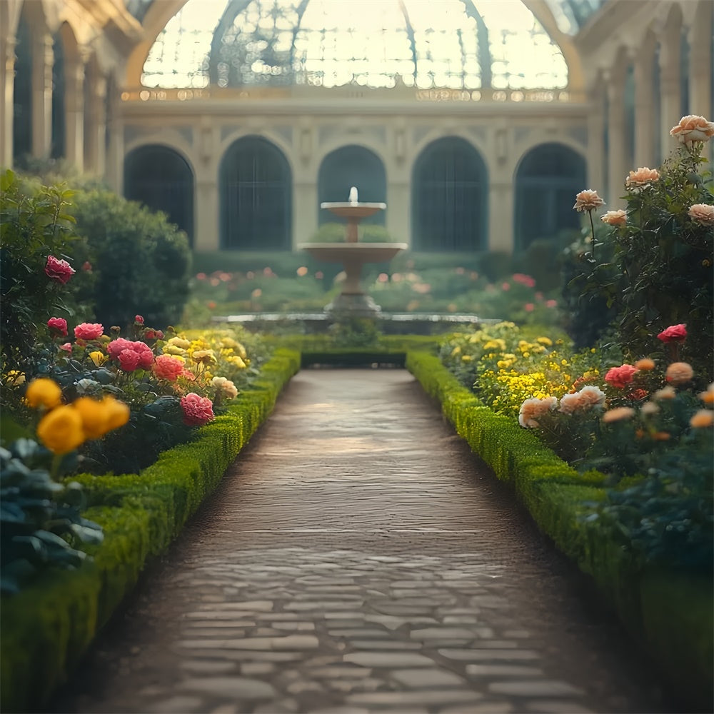 Vintage Fotokulissen Brunnen Blüte Garten Hintergrund CSH57-119
