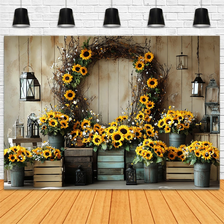 Herbst Backdrops Holzmauer Sonnenblumenkranz Backdrop CSH57-186