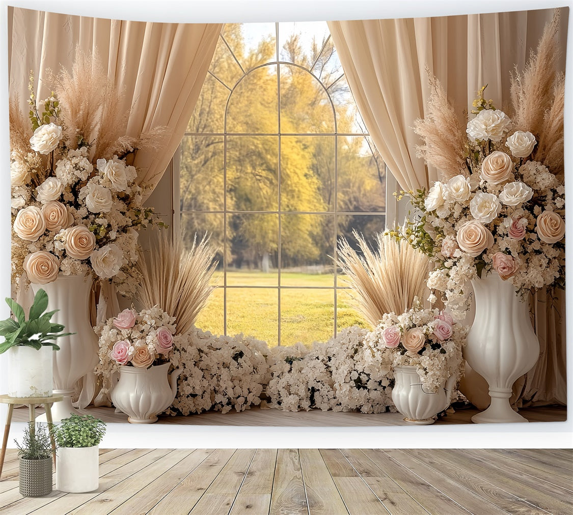 Boho Fotokulisse Creme Rose Fenster Garten Foto Hintergrund CSH57-294