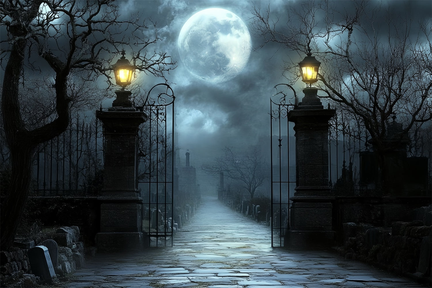 Halloween Fotokulisse Mondschein Friedhofstor Kulisse CSH57-63