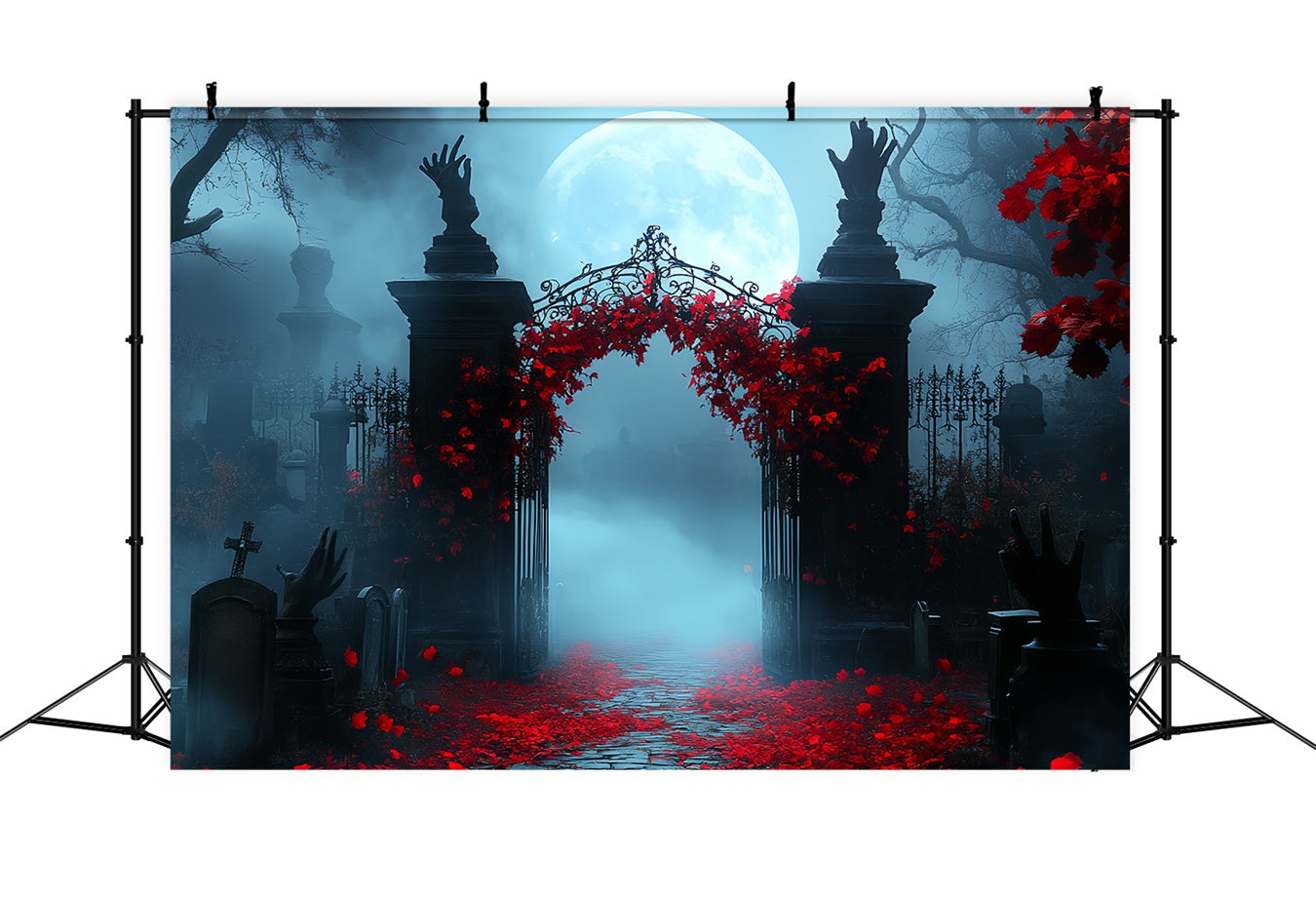 Friedhofs-Fotohintergrund Karminroter Efeu Mondbeschienenes Tor Halloween-Fotostand-Fotohintergrund CSH58-101