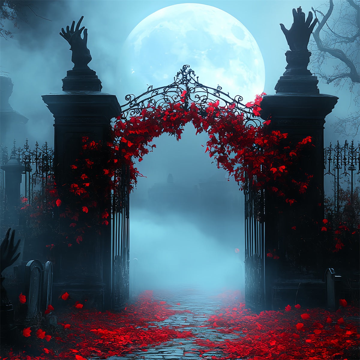 Friedhofs-Fotohintergrund Karminroter Efeu Mondbeschienenes Tor Halloween-Fotostand-Fotohintergrund CSH58-101