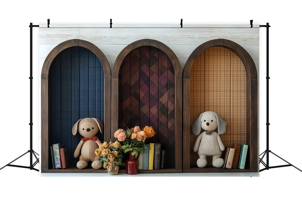 Bücherregal Studio Hintergrund Gewölbtes Regal Plüschtiere Bücher Back to School Studio Hintergrund CSH58-121
