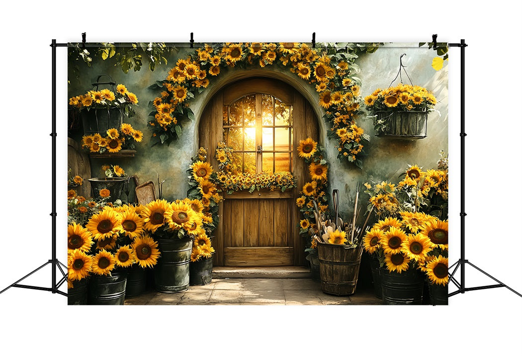 Sonnenblumen Foto Hintergrund Garten Holztür Sonnenuntergang Foto Hintergrund für Thanksgiving CSH58-129