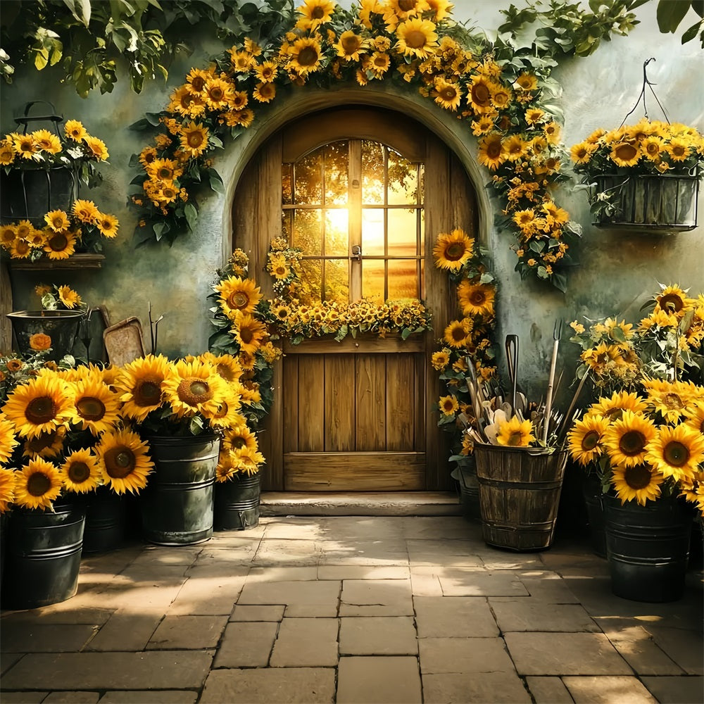 Sonnenblumen Foto Hintergrund Garten Holztür Sonnenuntergang Foto Hintergrund für Thanksgiving CSH58-129
