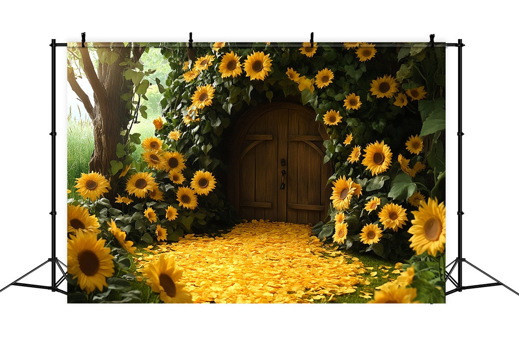 Sonnenblumen Foto Hintergrund, Hüttentür, Blütenblätterweg, Happy Thanksgiving Foto Hintergrund CSH58-130