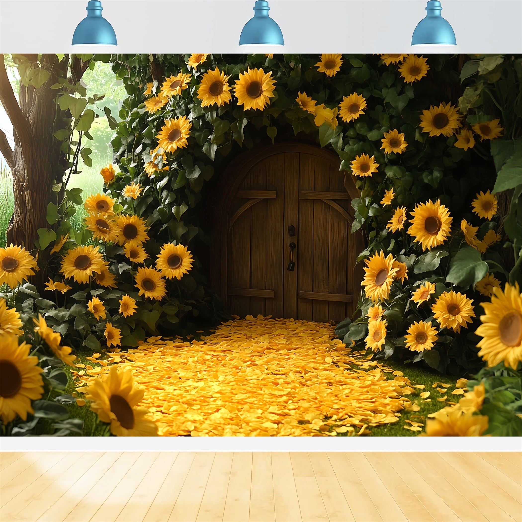 Sonnenblumen Foto Hintergrund, Hüttentür, Blütenblätterweg, Happy Thanksgiving Foto Hintergrund CSH58-130
