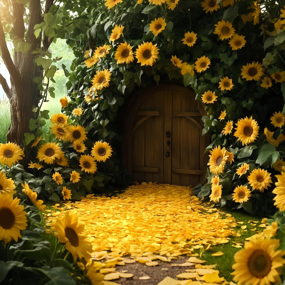Sonnenblumen Foto Hintergrund, Hüttentür, Blütenblätterweg, Happy Thanksgiving Foto Hintergrund CSH58-130