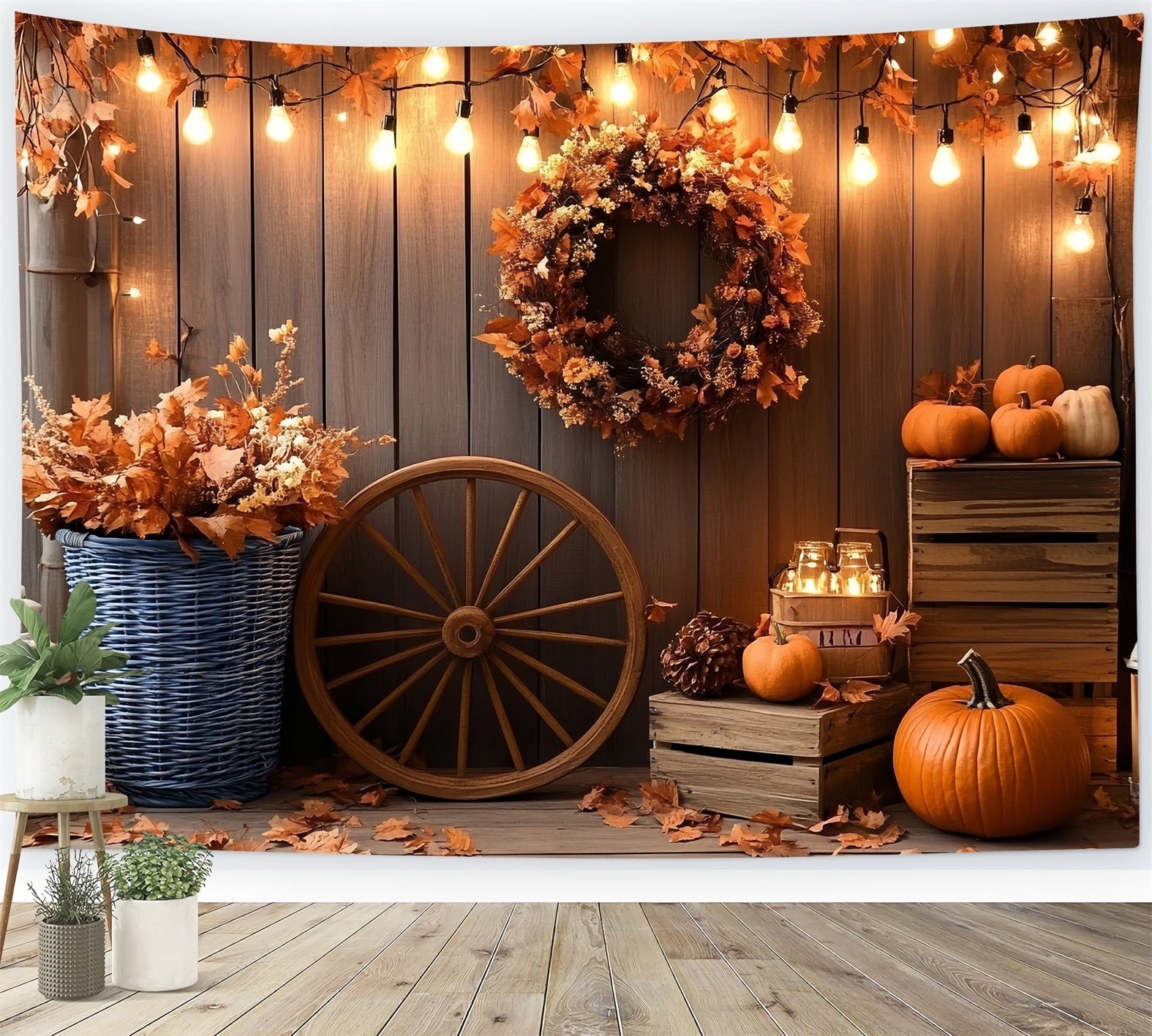 Rustikaler Foto Hintergrund Herbstkranz Kürbislaternen Thanksgiving Foto Hintergrund CSH58-138