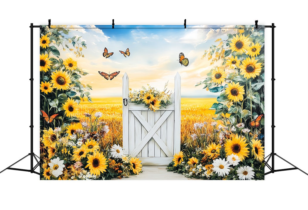 Rustikaler Foto Hintergrund Sonnenblumenwiese Weißes Tor Thanksgiving Foto Hintergrundideen CSH58-140