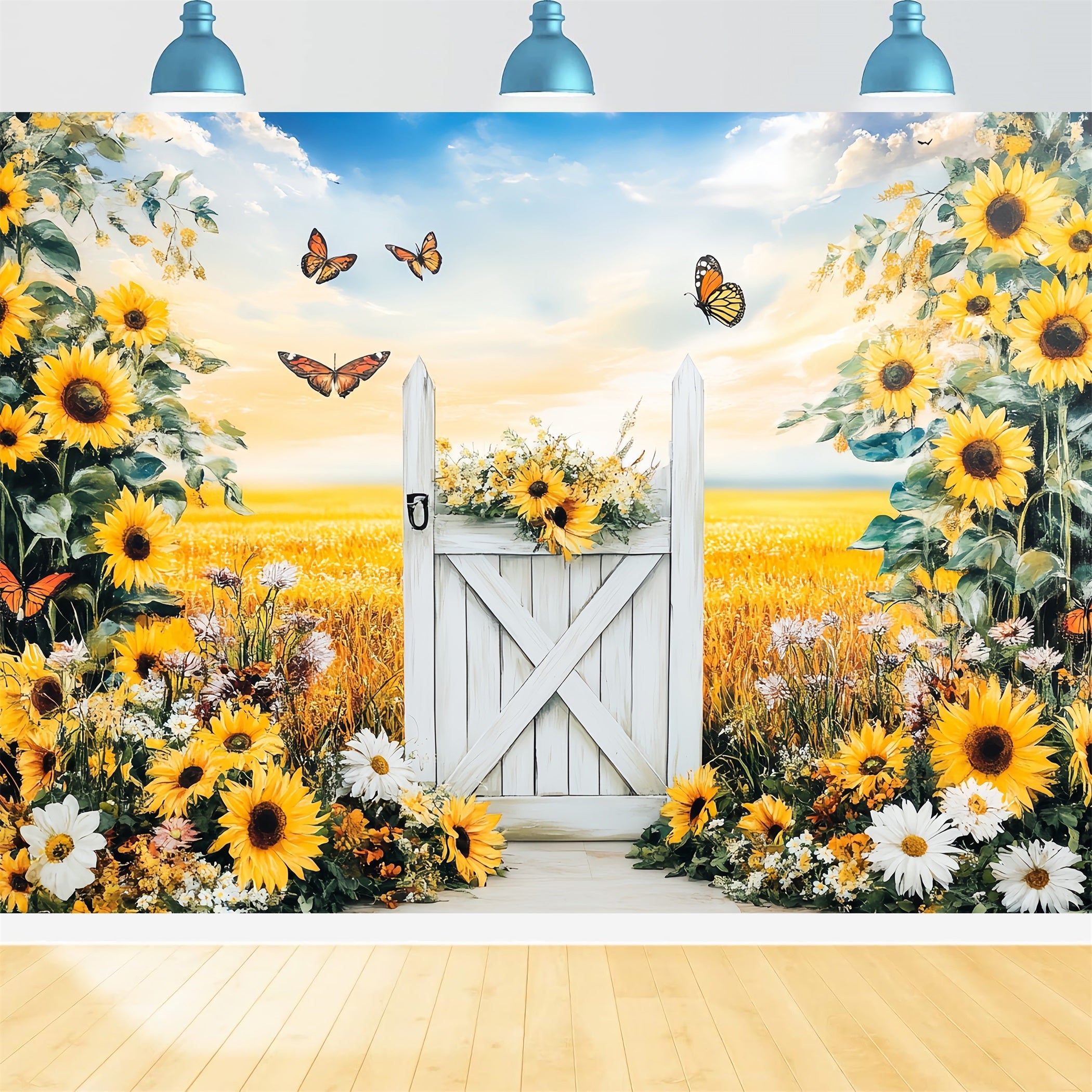 Rustikaler Foto Hintergrund Sonnenblumenwiese Weißes Tor Thanksgiving Foto Hintergrundideen CSH58-140