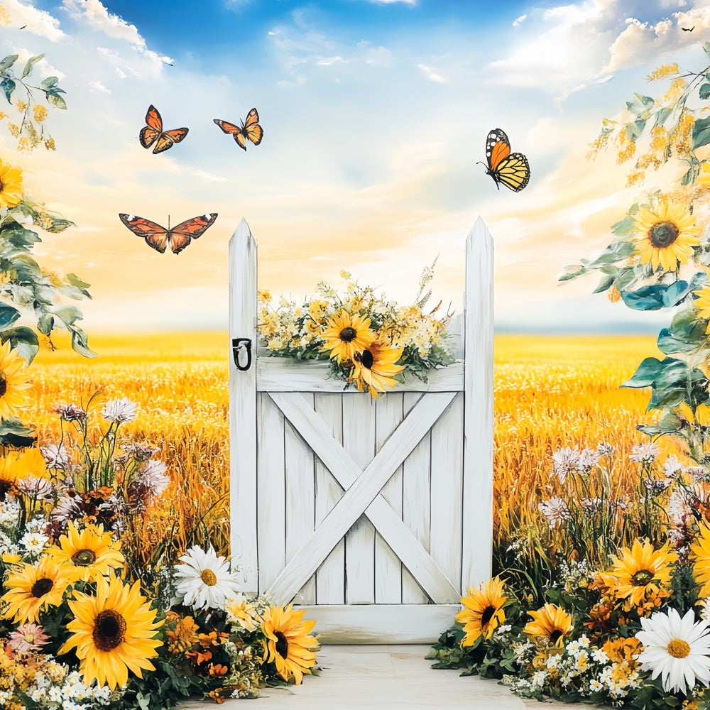 Rustikaler Foto Hintergrund Sonnenblumenwiese Weißes Tor Thanksgiving Foto Hintergrundideen CSH58-140