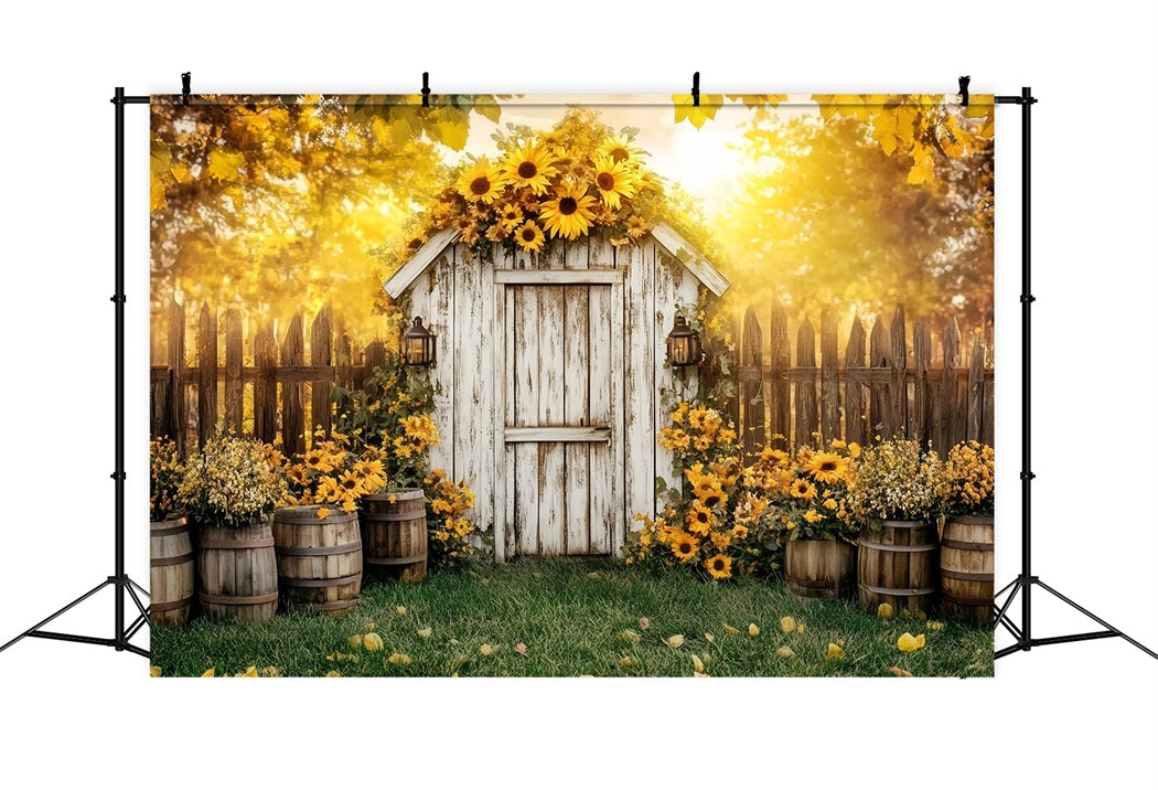 Rustikaler Foto Hintergrund Rustikaler Schuppen Sonnenblumenfässer Foto Hintergrund für Thanksgiving CSH58-141