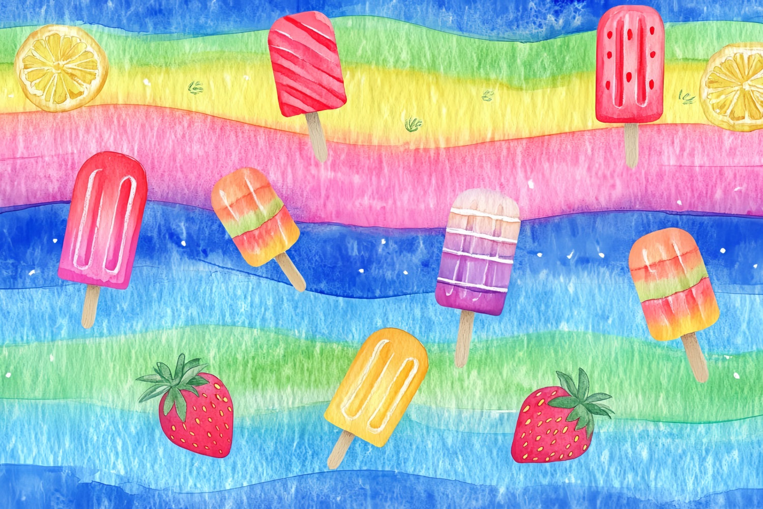 Watercolor Backdrop Rainbow Popsicle Summer Pattern Abstract Photo Backdrop CSH58-187