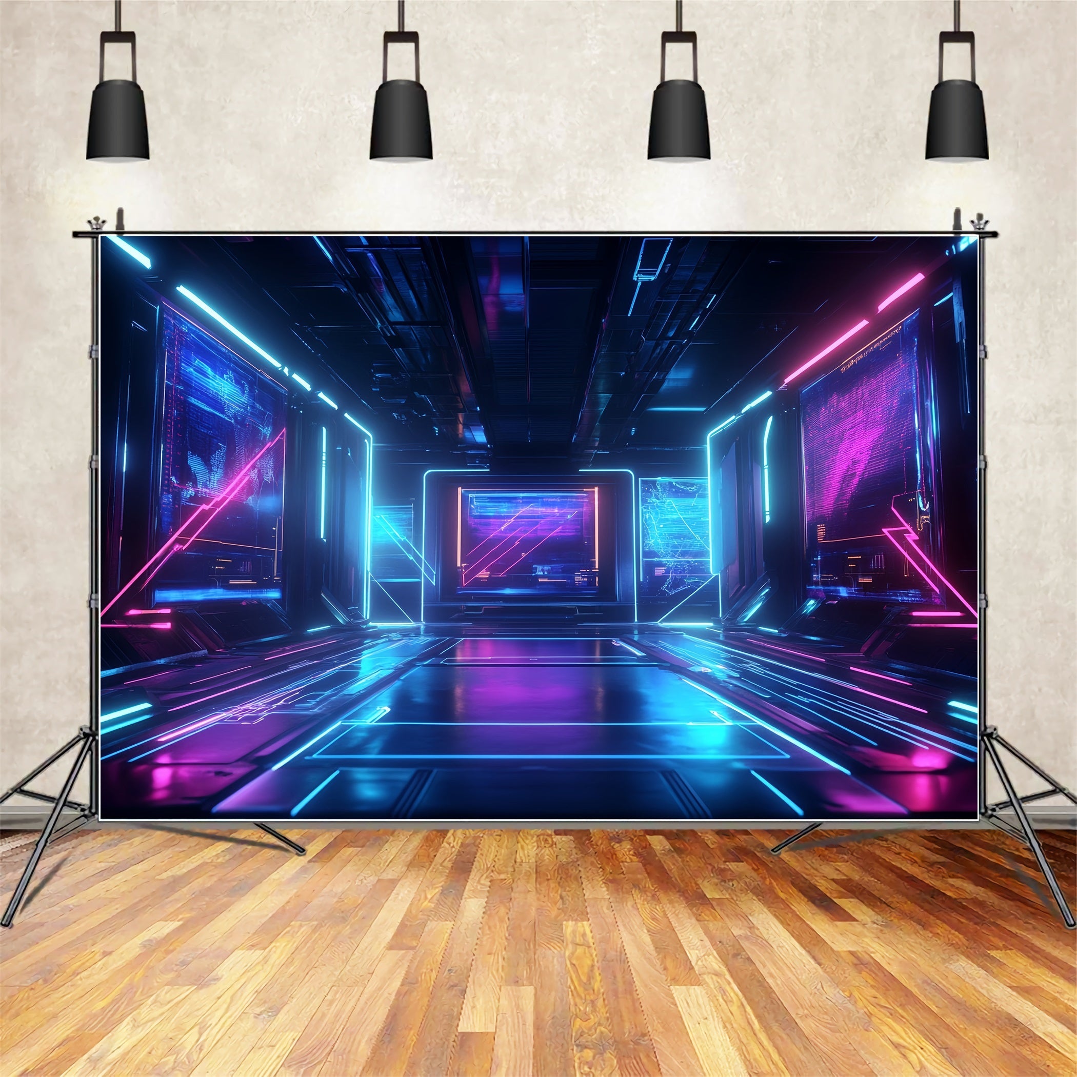 Coole Studio Hintergründe Neon-Cyberpunk Digitaler Korridor Abstrakter Foto Hintergrund CSH58-194