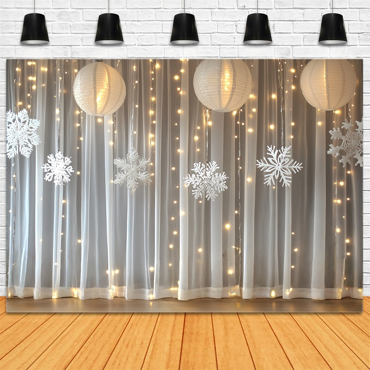 Schneeflocken Backdrop Schneeflocken Laterne Vorhang mit warmen Lichtern Winter Studiohintergrund CSH58-20